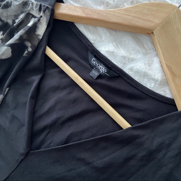 GEORGE JERSEY SHORT SLEEVED WRAP TOP, LARGE, BLACK WITH FLORAL DETAIL - Picture 3 of 4